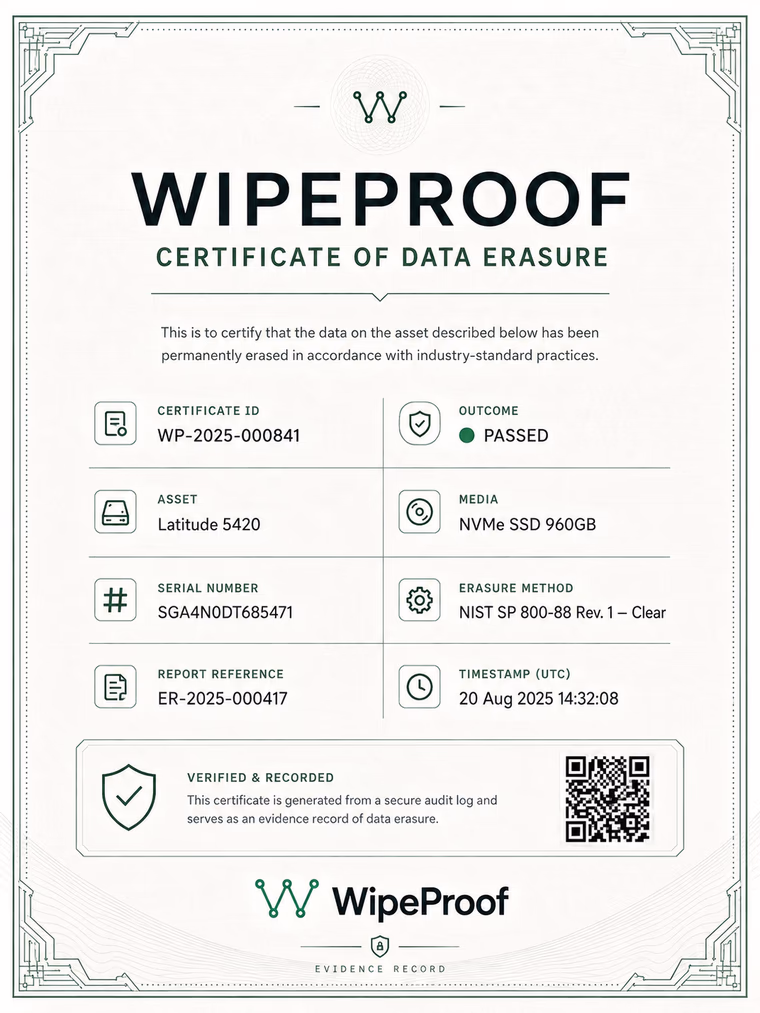 WipeProof certificate of data erasure, showing certificate ID, outcome, asset, media, serial number, erasure method, report reference and timestamp.